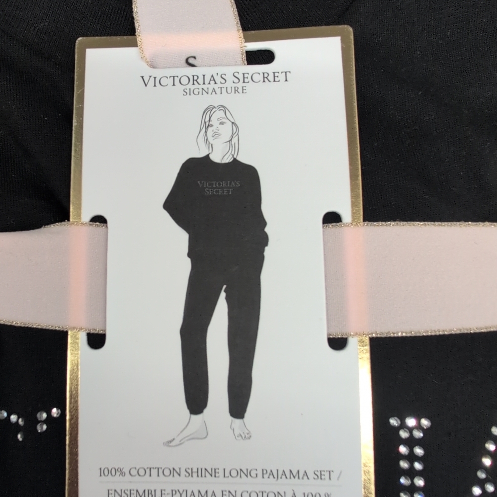 Victoria Secret 100% Cotton Shine Long Pajama Set Small Black W Bling Patch - Picture 10 of 11